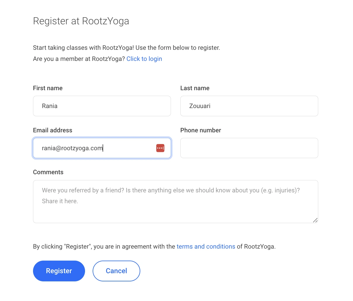 Rootzyoga registration page screenshot